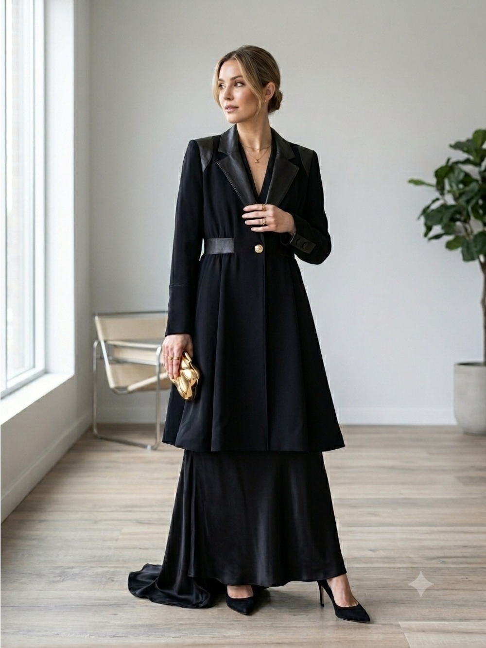 Alice + Olivia Black Fit & Flare Leather Trim Dress Coat - Medium